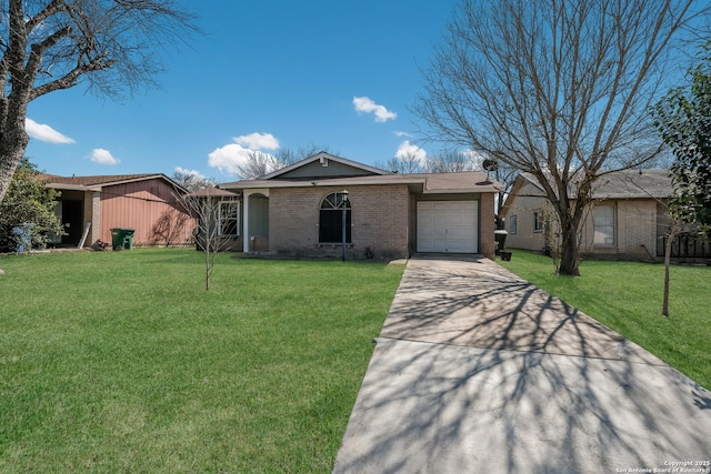 ranch-style home featuring a garage, a front yard, concrete driveway, and brick siding