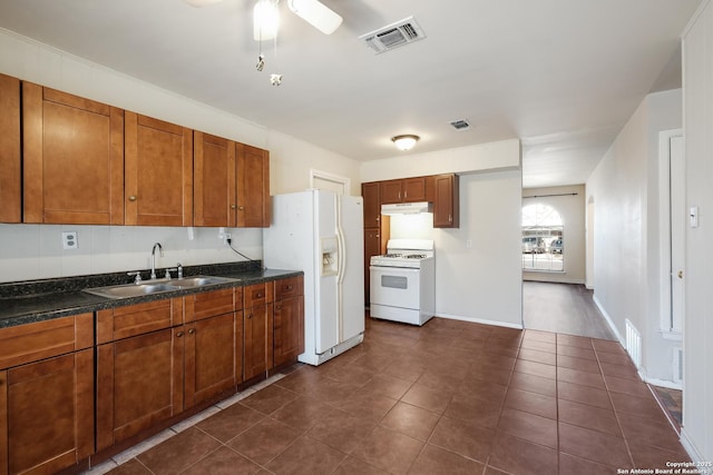 kitchen with white appliances, visible vents, brown cabinets, under cabinet range hood, and a sink