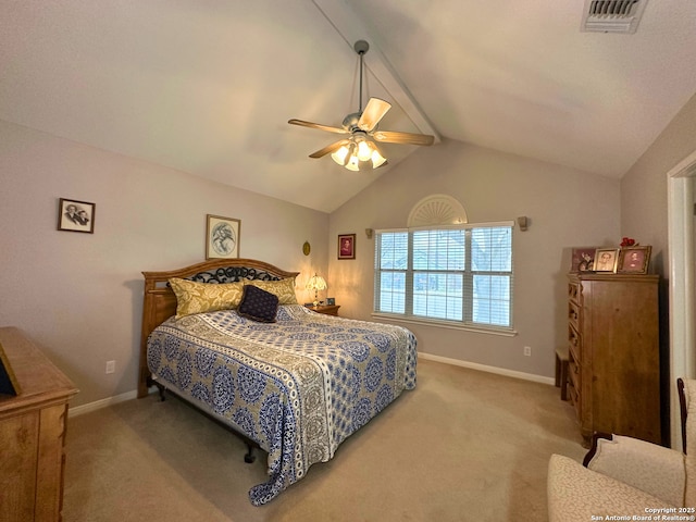 carpeted bedroom featuring vaulted ceiling with beams, baseboards, visible vents, and ceiling fan