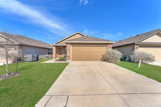 single story home with an attached garage, brick siding, concrete driveway, and a front yard