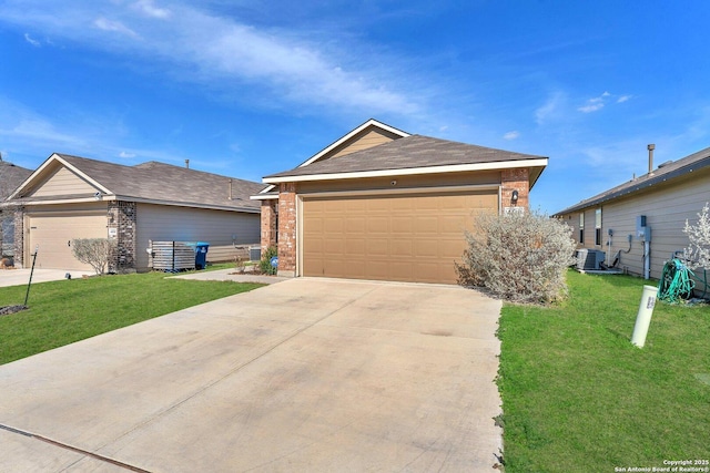 ranch-style house with central AC, brick siding, a front yard, and driveway