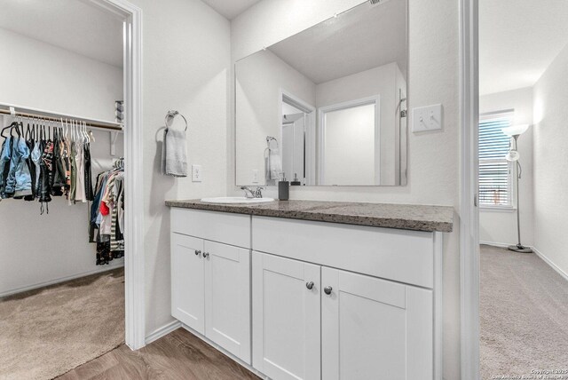 bathroom featuring a spacious closet, baseboards, and vanity