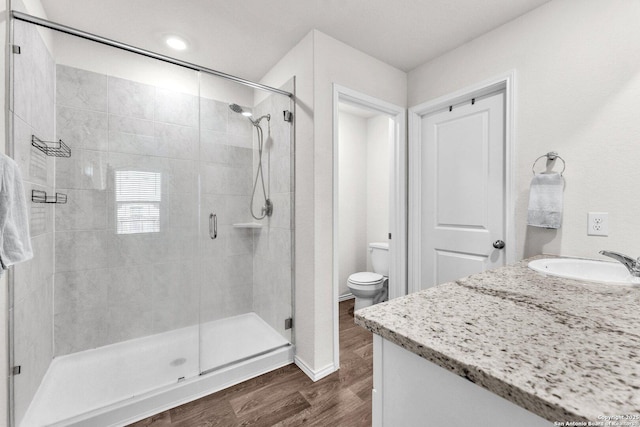 bathroom with vanity, a shower stall, toilet, and wood finished floors