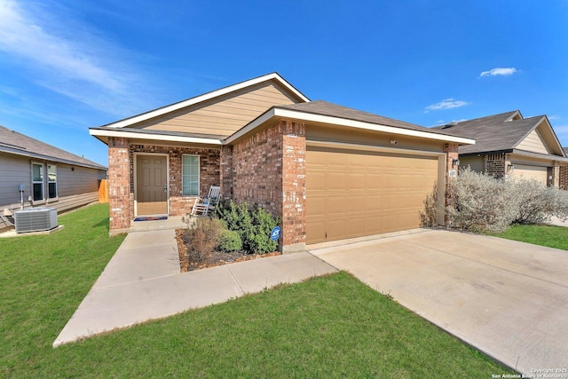 ranch-style home with brick siding, central air condition unit, concrete driveway, a garage, and a front lawn