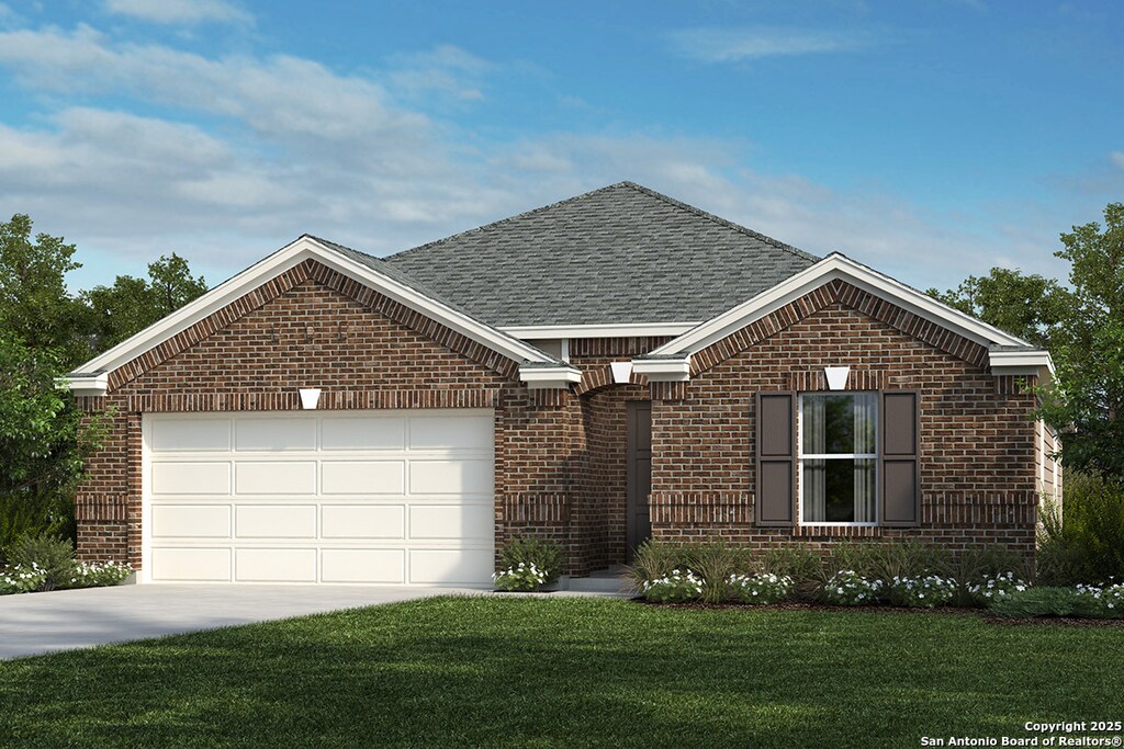 9415 Hammerstone Dr, San Antonio, TX 78221 - single story home with a garage, a front yard, brick siding, and driveway