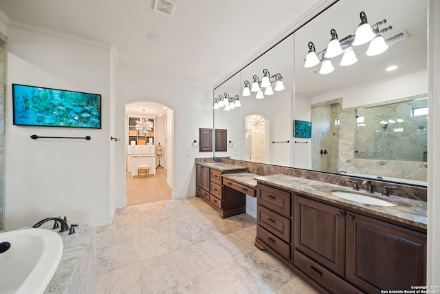 full bathroom with a bath, tiled shower, visible vents, and crown molding