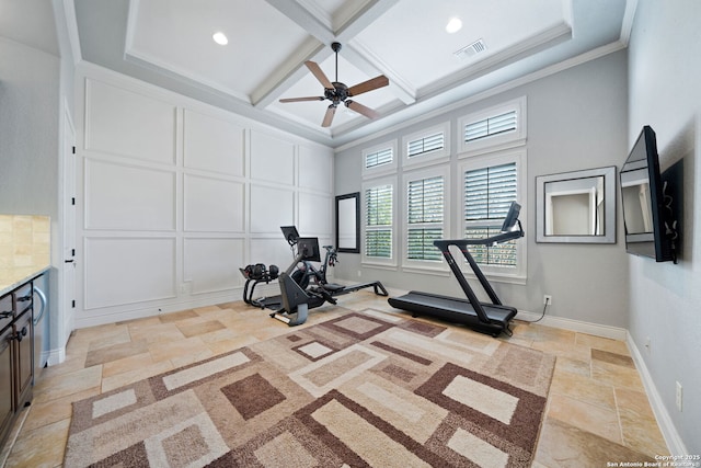 exercise room featuring baseboards, visible vents, coffered ceiling, crown molding, and stone tile flooring