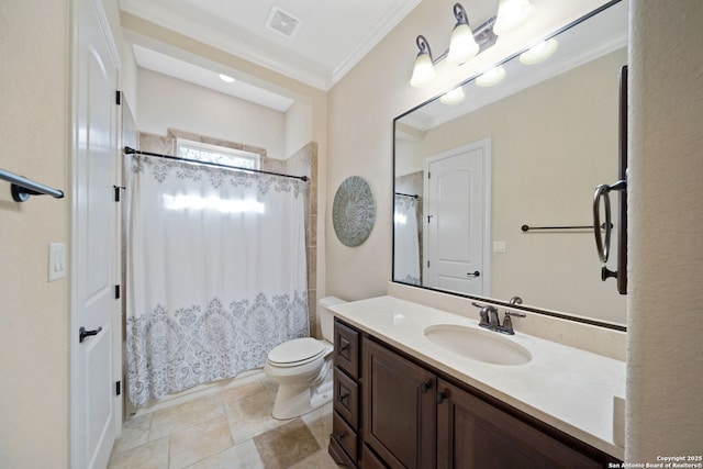 bathroom featuring crown molding, visible vents, a shower with shower curtain, toilet, and vanity