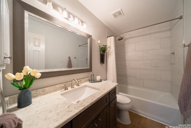 full bath with toilet, vanity, shower / bath combo with shower curtain, and visible vents