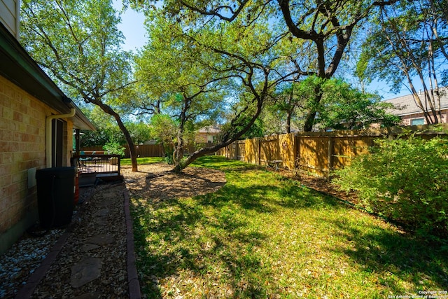 view of yard featuring a fenced backyard and a deck