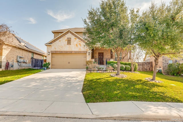 view of front of property with a garage, fence, driveway, stone siding, and a front lawn