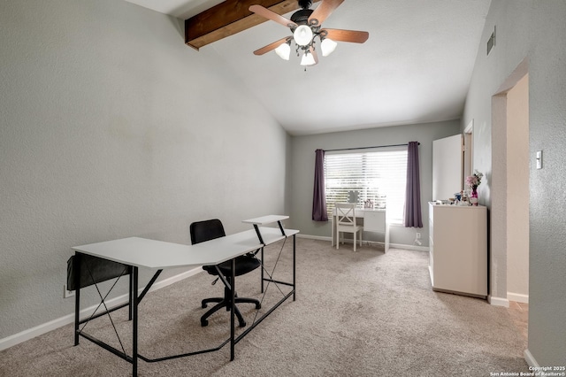 4010 Briarcrest, San Antonio, TX 78247 - carpeted home office with a textured wall, lofted ceiling with beams, baseboards, and ceiling fan