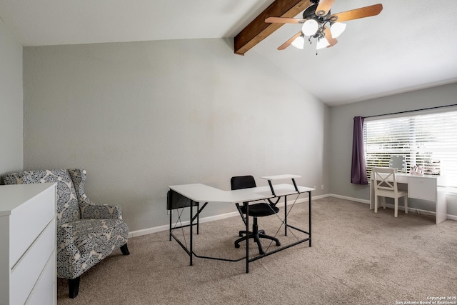 4010 Briarcrest, San Antonio, TX 78247 - office area featuring vaulted ceiling with beams, ceiling fan, baseboards, and carpet flooring