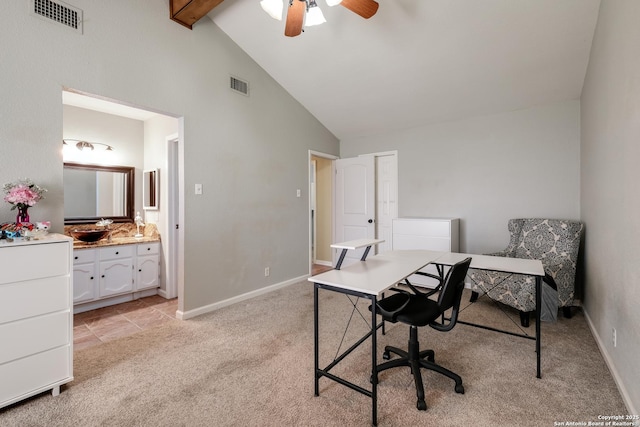 4010 Briarcrest, San Antonio, TX 78247 - home office with high vaulted ceiling, light colored carpet, beam ceiling, and visible vents