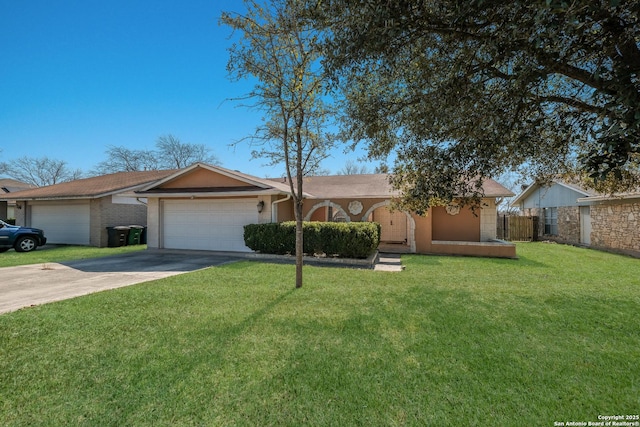 ranch-style home with stucco siding, fence, a garage, driveway, and a front lawn