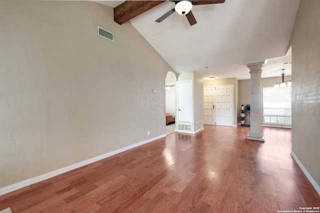 4010 Briarcrest, San Antonio, TX 78247 - interior space with decorative columns, visible vents, ceiling fan, beamed ceiling, and wood finished floors