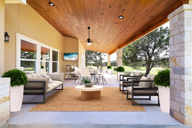 view of patio / terrace featuring outdoor dining space, ceiling fan, and an outdoor hangout area