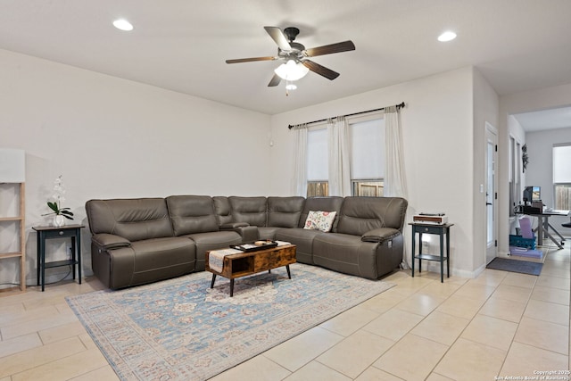 living room with light tile patterned floors, ceiling fan, a wealth of natural light, and recessed lighting