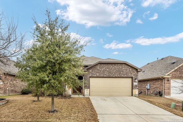 view of front of house featuring driveway, brick siding, roof with shingles, and an attached garage