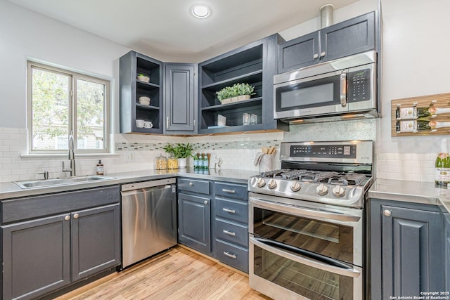 kitchen featuring light countertops, stainless steel appliances, gray cabinetry, light wood-style floors, and a sink