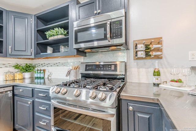 kitchen with appliances with stainless steel finishes, stainless steel counters, backsplash, and open shelves