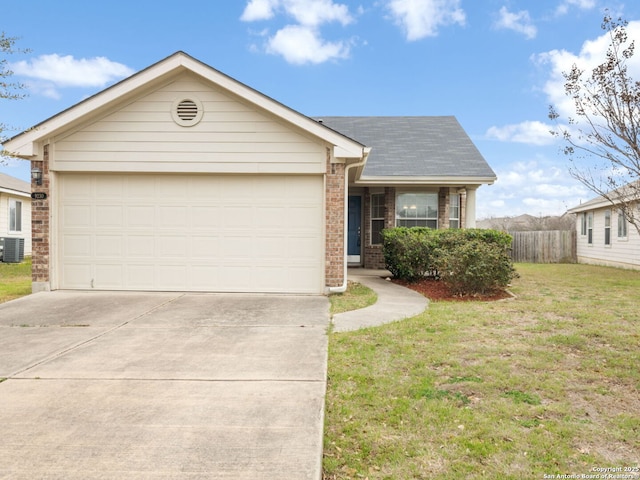 ranch-style house with a garage, a shingled roof, concrete driveway, a front lawn, and brick siding
