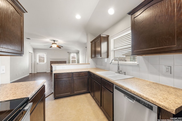 kitchen with dishwasher, electric stove, ceiling fan, dark brown cabinets, and a sink