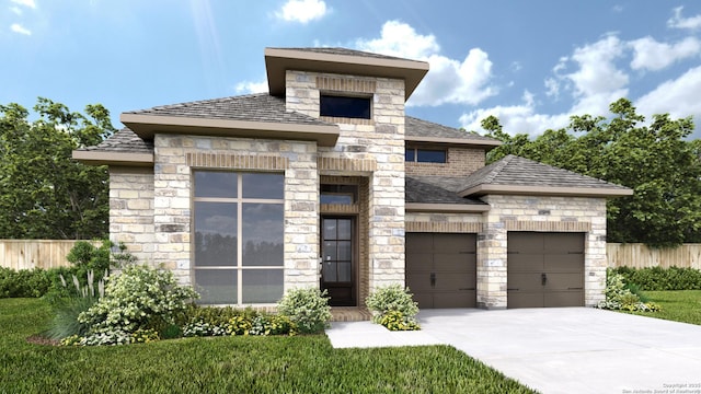 view of front of property featuring a garage, stone siding, and fence