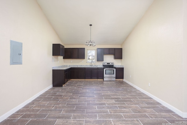 620 County Road 6846, Lytle, TX 78052 - kitchen with a notable chandelier, light countertops, electric range, a sink, and electric panel