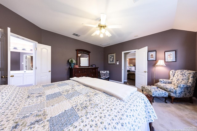 bedroom with vaulted ceiling, ceiling fan, carpet, and visible vents