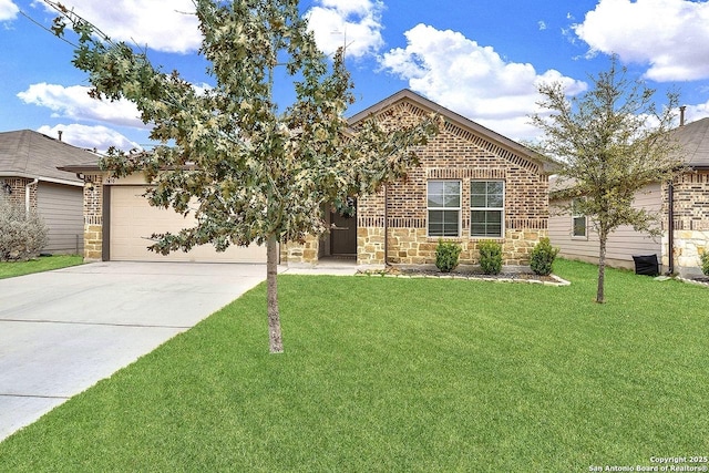 view of front of home with brick siding, an attached garage, a front yard, stone siding, and driveway