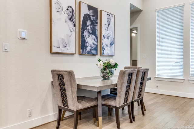 dining room with light wood finished floors and baseboards