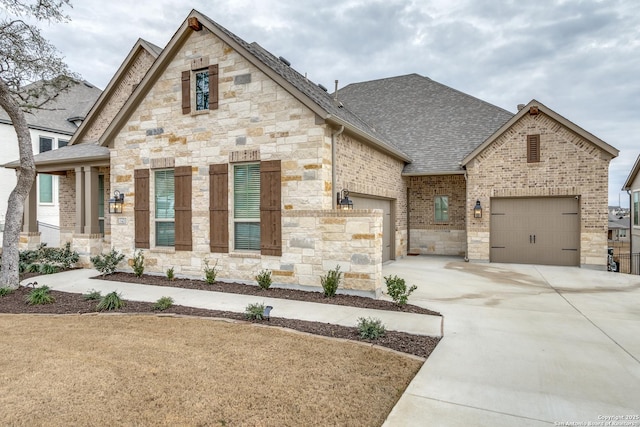 french country home featuring brick siding, a shingled roof, concrete driveway, a garage, and stone siding