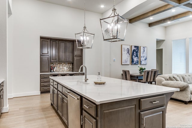 kitchen featuring dark brown cabinetry, tasteful backsplash, light countertops, light wood-type flooring, and a sink