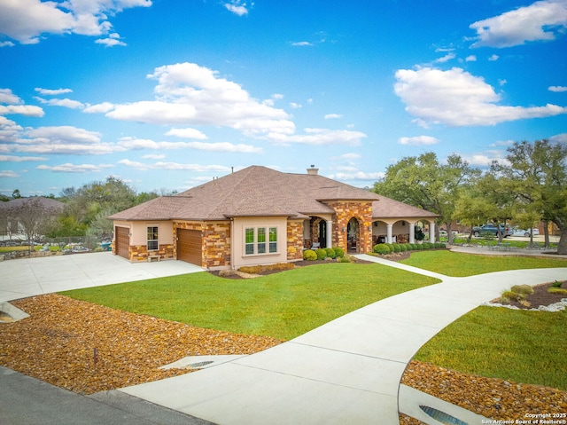 view of front of home featuring a chimney, an attached garage, a front yard, stone siding, and driveway