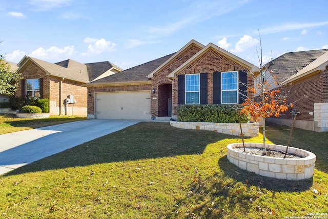 view of front facade featuring a garage, concrete driveway, brick siding, and a front yard