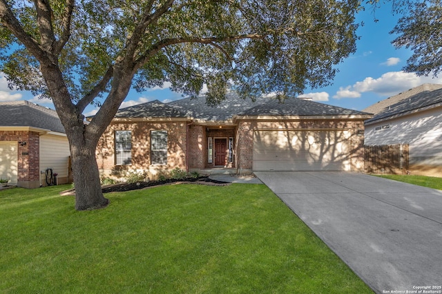 single story home featuring an attached garage, brick siding, concrete driveway, roof with shingles, and a front lawn