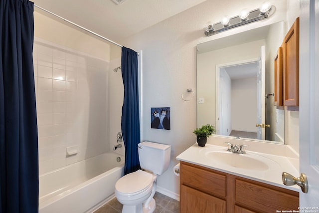 bathroom with shower / tub combo, tile patterned flooring, vanity, and toilet