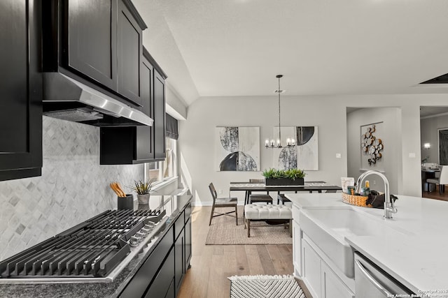 kitchen with backsplash, an inviting chandelier, appliances with stainless steel finishes, light wood-type flooring, and under cabinet range hood