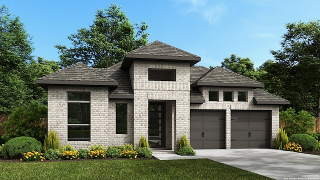 view of front of home with concrete driveway, brick siding, an attached garage, and a front yard