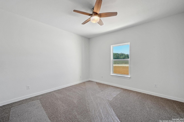 unfurnished room with ceiling fan, baseboards, and carpet flooring