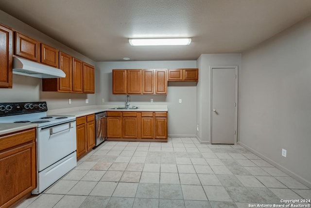 kitchen featuring white range with electric stovetop, dishwasher, brown cabinets, under cabinet range hood, and a sink