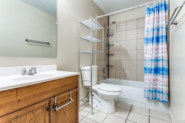 bathroom with toilet, tile patterned flooring, shower / tub combo with curtain, and vanity