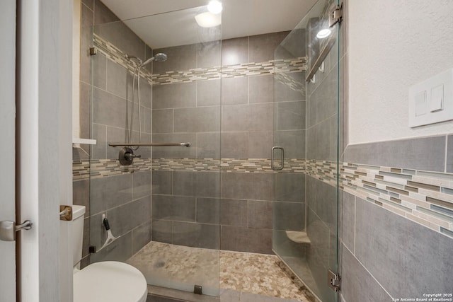 full bathroom featuring toilet and a shower stall