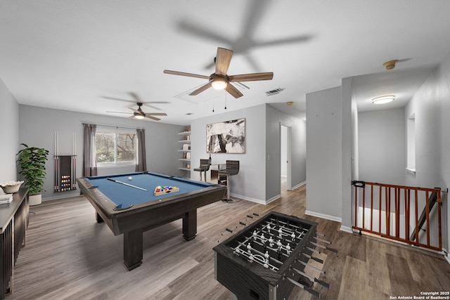 recreation room with baseboards, visible vents, wood finished floors, and pool table