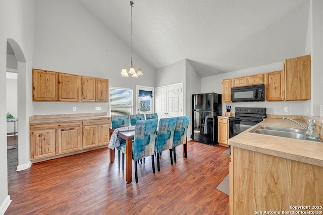 kitchen featuring black appliances, light brown cabinetry, dark wood-style flooring, and a sink