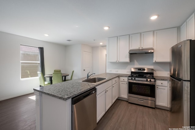 kitchen with stainless steel appliances, white cabinetry, a sink, a peninsula, and under cabinet range hood