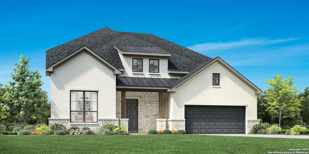 view of front of home featuring a shingled roof, stone siding, metal roof, a standing seam roof, and a front yard