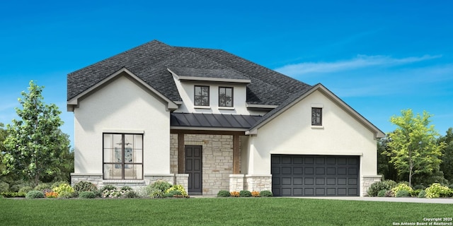 view of front of home featuring a shingled roof, stone siding, metal roof, a standing seam roof, and a front yard