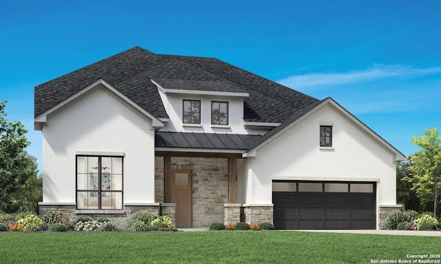 modern inspired farmhouse featuring roof with shingles, a front yard, a standing seam roof, metal roof, and stone siding